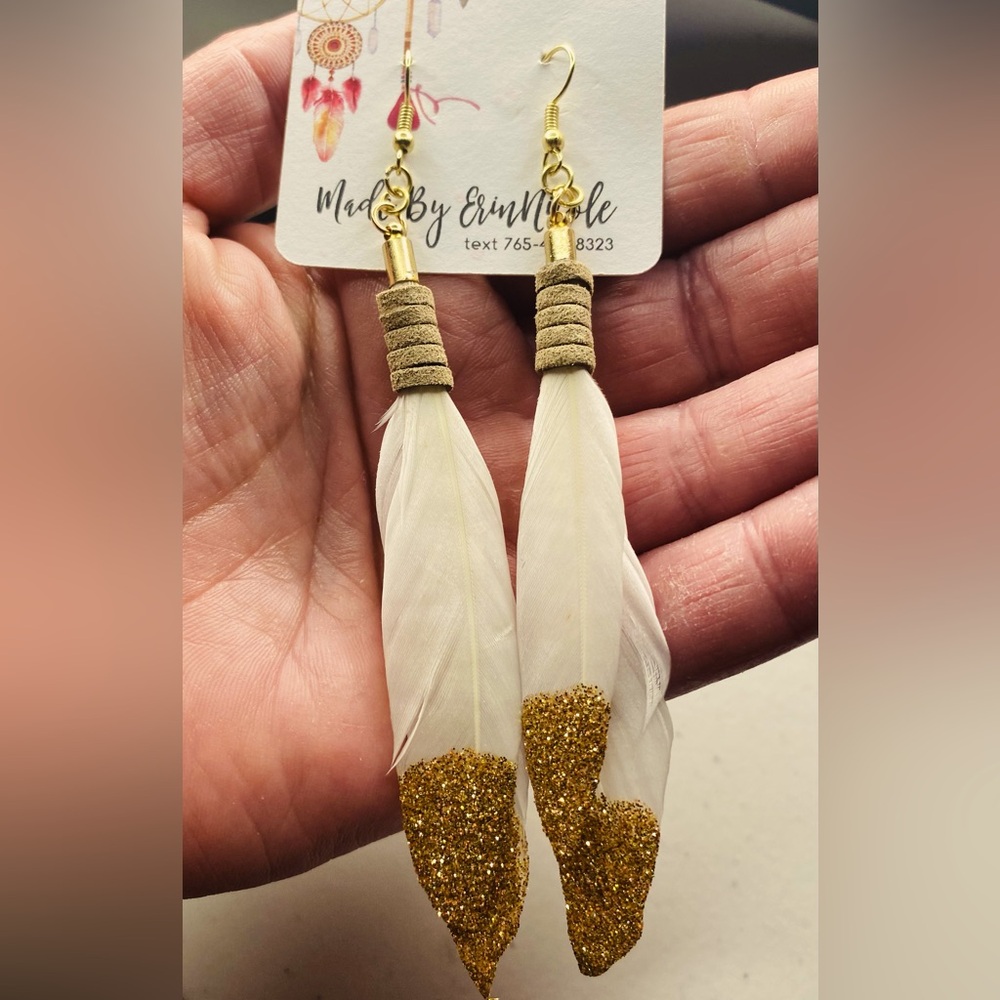 Handmade White Feather Earrings with Gold Sparkle Accents